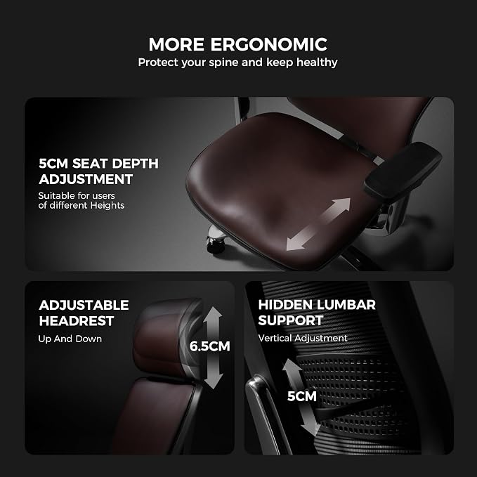 TOMU Genuine Leather Office Chair - Ergonomic Executive Office Chair for Boss and Manager, with Adjustable armrest, Headrest, Lumbar Support and Reclining Back- Luxury and Commercial