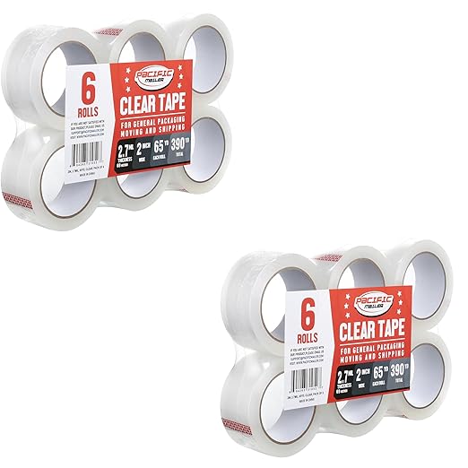 Pacific Mailer Clear Packing Tape, Heavy Duty Packaging Carton Tape for Shipping Packaing Moving Sealing, 2 Inch Wide, 2.7mil Thickness, 65 Yards Per Roll [Pack of 12]
