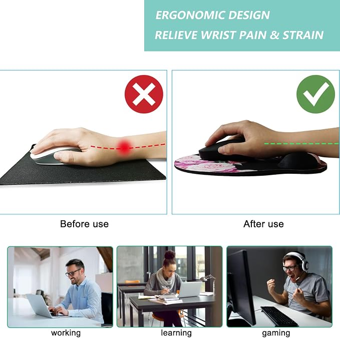 Mouse Pad with Wrist Support, Ergonomic Mouse Pad with Memory Foam Wrist Rest Cushion, Non-Slip Rubber Base Gaming Mice Pad for Home Office Computer Laptop, Flowers Pink