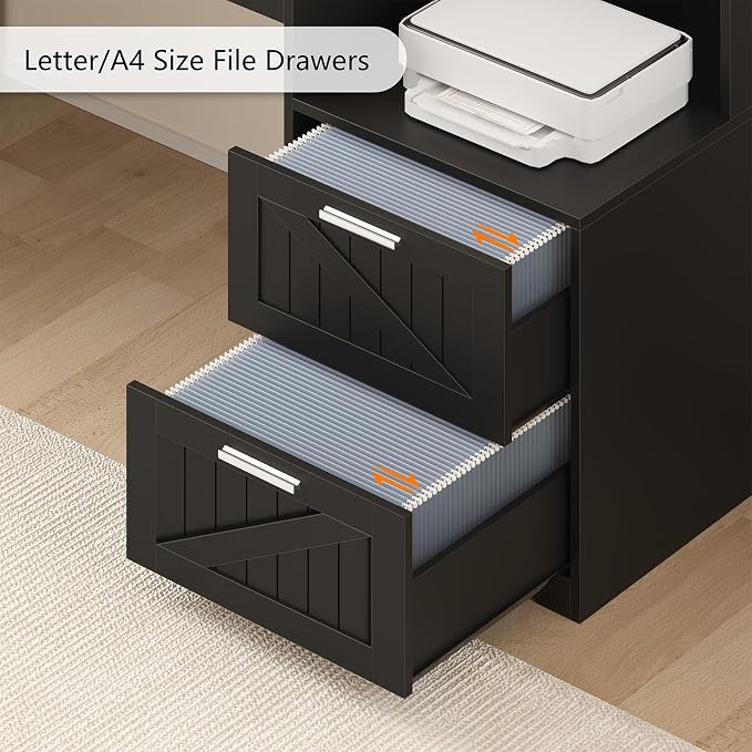 63" Farmhouse L Shaped Desk with Drawers and Printer Stand for Home Office | Computer Desk with Power Outlet, Home Office Desk with Storage Shelves and Monitor Stand, Black