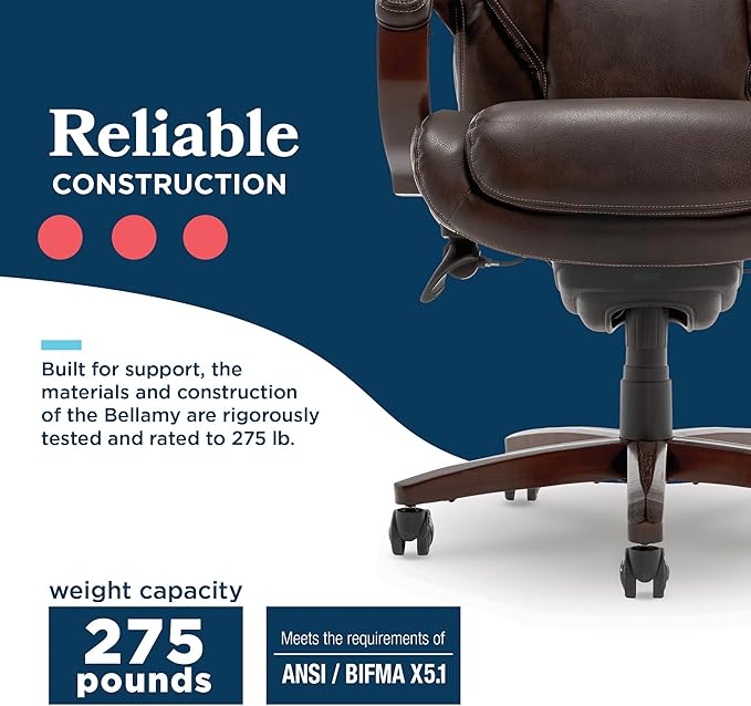 La-Z-Boy® Bellamy Executive Office Chair with Memory Foam Cushions, Real Wood Arms and Swivel Base, Waterfall Seat Edge, Faux Bonded Leather, Brown