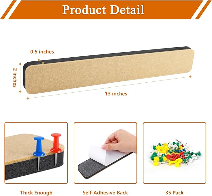 8Pcs Rectangle Felt Cork Board Bar Strips with 35 Pushpins, Self-Adhesive Bulletin Board Strips for Office School Home Wall Decor Stickers Memos Schedules Photos Display -Gradual Orange