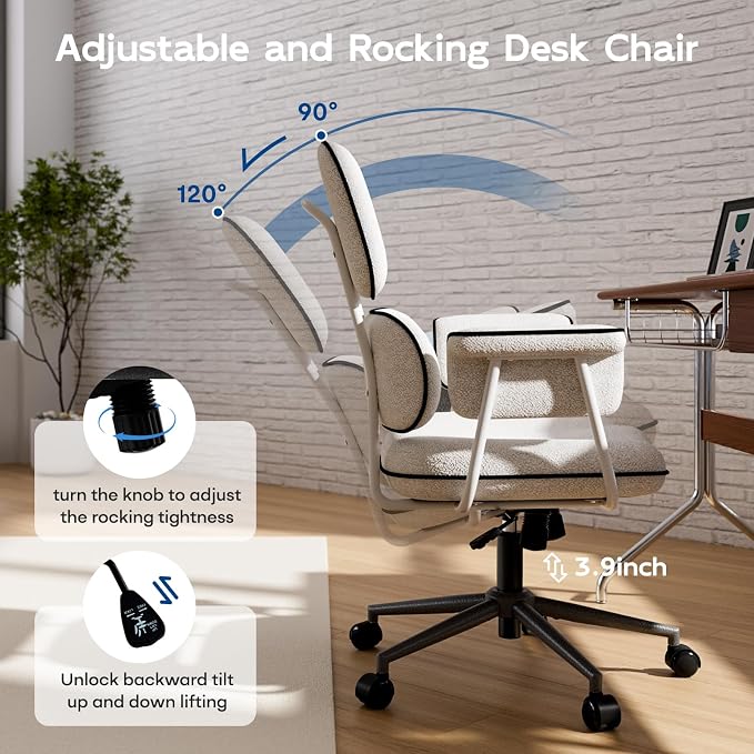 White Office Chair, Memory Foam Seat Mid Century Modern Desk Chair | 3.9" Sloped U-Shaped Memory Foam Cushion, Granular Linen Fabric, Lumbar Support, 1.2mm Sturdy Metal Tube, 400LBS Capacity