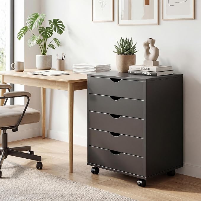 5 Drawer Mobile File Cabinet, Printer Stand with Wheels | Wood Under Desk Storage Cabinet, Rolling Printer Cart, Vertical Filing Chest for Small Space, Home Office, Living Room, Black