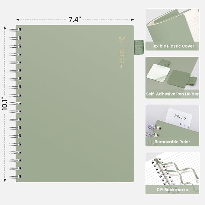 EMSHOI Lined Spiral Journal Notebook, 300 Pages, B5 Size (7.4'' x 10.1'') | College Ruled, 100 GSM Thick Paper, Flexible Plastic Cover, for School, Writing, Work, Office & Journaling (Light Green)