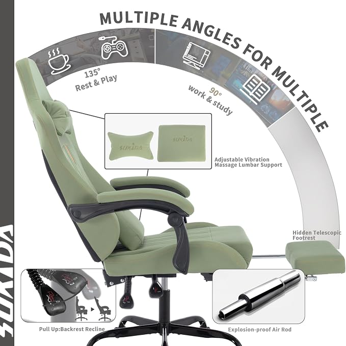 Gaming Chair with Footrest Ergonomic Computer Chair Massage Lumbar Cushion, Racing Video Game Chair Adjustable Rocker Recliner Executive Office Desk Chair Pu Leather for Adults, Green