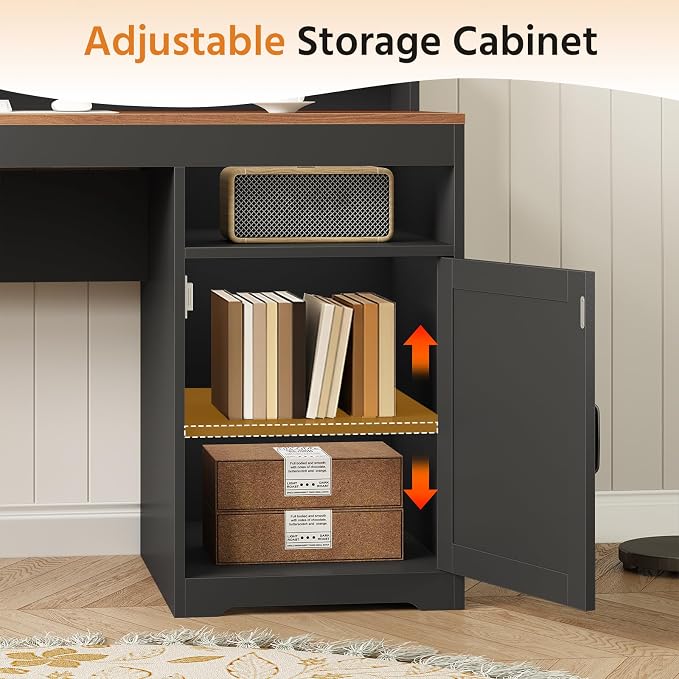 63" Farmhouse Computer Desk with 4 Drawers for Home Office, Bedroom | Executive Desk with Printer Shelf, Monitor Stand, Home Office Desks with Power Outlets, Storage Shelves, Brown and Black