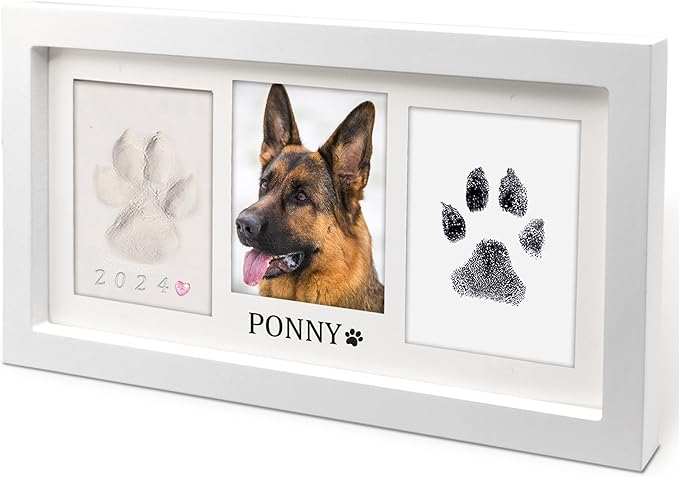 MYPAWLETS Extra Large Paw Print Frame Kit,Dog/Cat Paw Print Kit,Soft Pawprint Clay&Clean Touch Ink Pad,Pet Paw Print Impression Kit with Customization Tool,Wooden Pet Memorial Frame-White