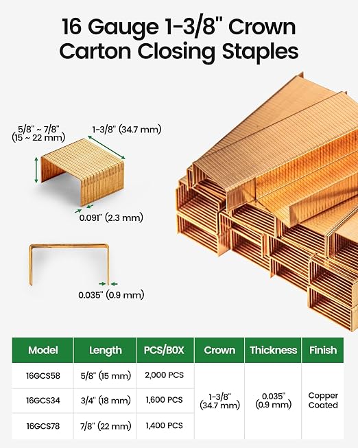 meite Carton Closing Staples 1-3/8" Wide Crown 5/8" Leg 2,000PCS x 5 Boxes | Copper-Coated 16 Gauge Carton Staples for Pneumatic or Manual Box Stapler Gun - Cardboard Closer Packaging