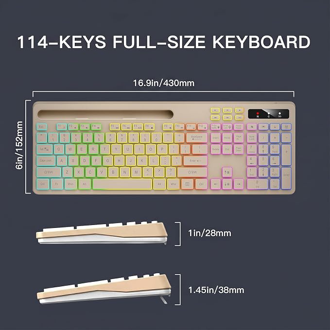 Soueto Wireless Keyboard with 7-Color RGB Backlit, Full-Size Computer Keyboard with Phone Tablet Holder, 2.4G Rechargeable Gaming Keyboard with Light Up Keys, Compatible with Mac, Windows (Latte)