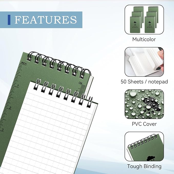 6 Pack Waterproof Notebook, 3 x 5 Pocket Notepad, Top-Spiral Weatherproof NotePad, All Weather Police Pocket Notebook Little Memo Steno Note Pads for Outdoor Office School Recording, Army Green