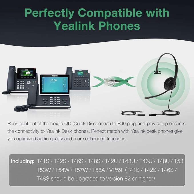 Yealink Phone Headsets for Office Phones YHS34 Lite QD to RJ9 Wired Headset Compatible with Poly Snom Grandstream Phones Desk Landline Headset with Microphone -Mono/68g/2.1m Cable