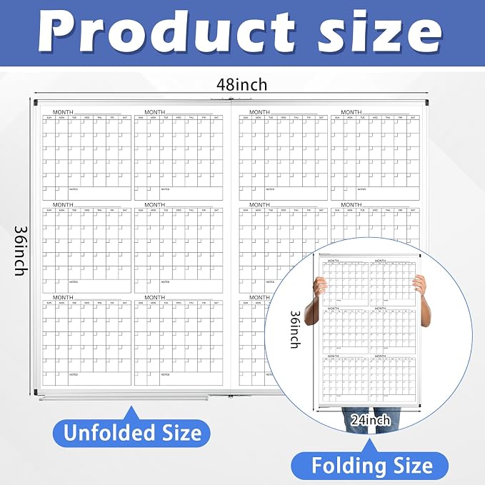 Large 48" x 36" Magnetic 12 Month Dry Erase Calendar White Board Foldable Whiteboard Calendar for Wall Mounted 2 in 1 Double Side Whiteboard with Dry Erase Board for Wall Office Home