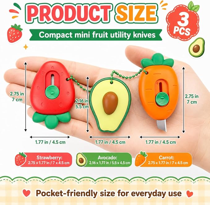 3Pcs Mini Retractable Utility Knife Fruit Shaped Box Cutter Letter Opener Portable Utility Knives Art & Craft Cutter Office School Stationery for Students, DIY Crafts, Cutting Envelope Paper Cardboard
