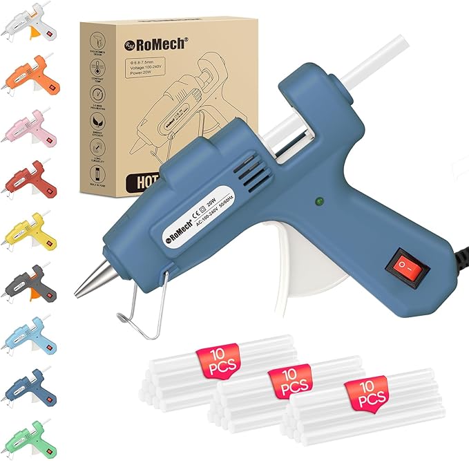 ROMECH 20W Mini Hot Glue Gun with 30 Glue Sticks Set, Fast Preheating Hot Glue Gun Kit Heavy Duty Gluegun for Craft, DIY, Repairs (Blue)