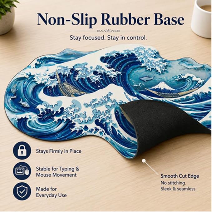 Large 3D Blue Ocean Wave Desk Mat Wave Surfing Gaming Mouse Pad Non Slip | Rubber Base Decorative Keyboard Mat Extended Desk Protector for Office, Home, Study and Workstation, 35.43 x 15.75 Inch