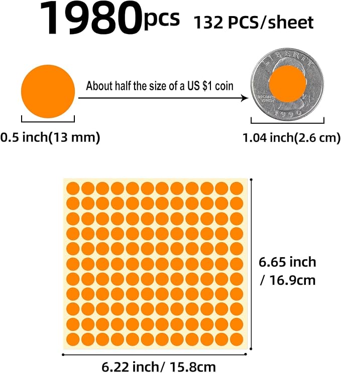 1980 Pcs Orange Round Stickers 1/2 Inch Small Color Circle Dot Stickers Tiny Code Labels for Office Shop Yard Sale Home Marking (Orange, 1/2" (13mm))