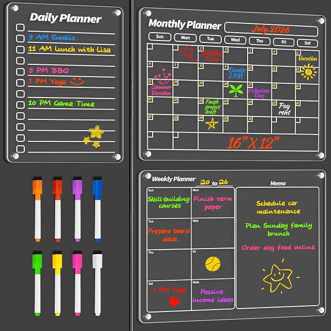 FINDMAG Magnetic Calendar, Dry Erase Calendar for Fridge, Whiteboard, 3 Pcs | Acrylic Calendar for Fridge, Use with Dry Erase Monthly Plans, Meal Notes, To Dos and Tasks