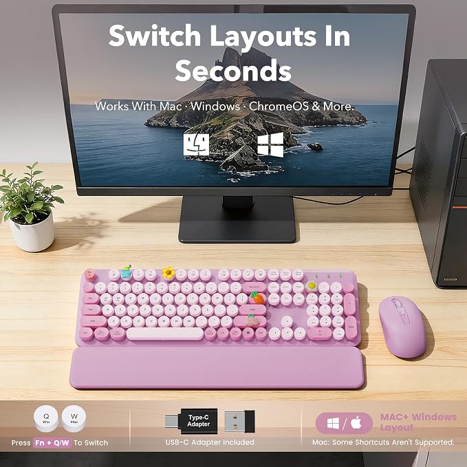 Wireless Keyboard and Mouse Combo, Round Keycaps, Full-Size Retro Typewriter Keyboard with Magnetic Wrist Rest, Tilt Legs, 2.4GHz Cordless Connection for Mac/Windows/PC, SABLUTE CK23, Lavender Purple | Full-Size Typewriter-Style Keyboard, Tilt Legs, 2....