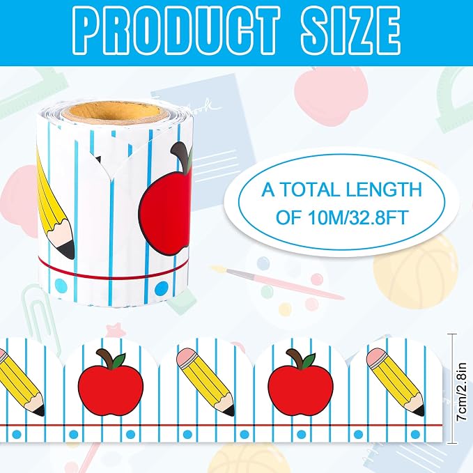Whaline 32.8 Ft Apples Pencil Bulletin Board Border Back to School Decor | Notebook Border Trim, Self Adhesive Bulletin Board Stickers Roll, for Classroom Office Party Wall Decor