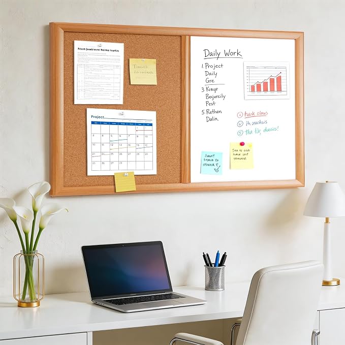 Cork Board White Board Combo with MDF Wood Frame | 30 x 20 Inch Bulletin Board, Magnetic Dry Erase Board & Corkboard for Wall, Vision Board for Home, Office, School
