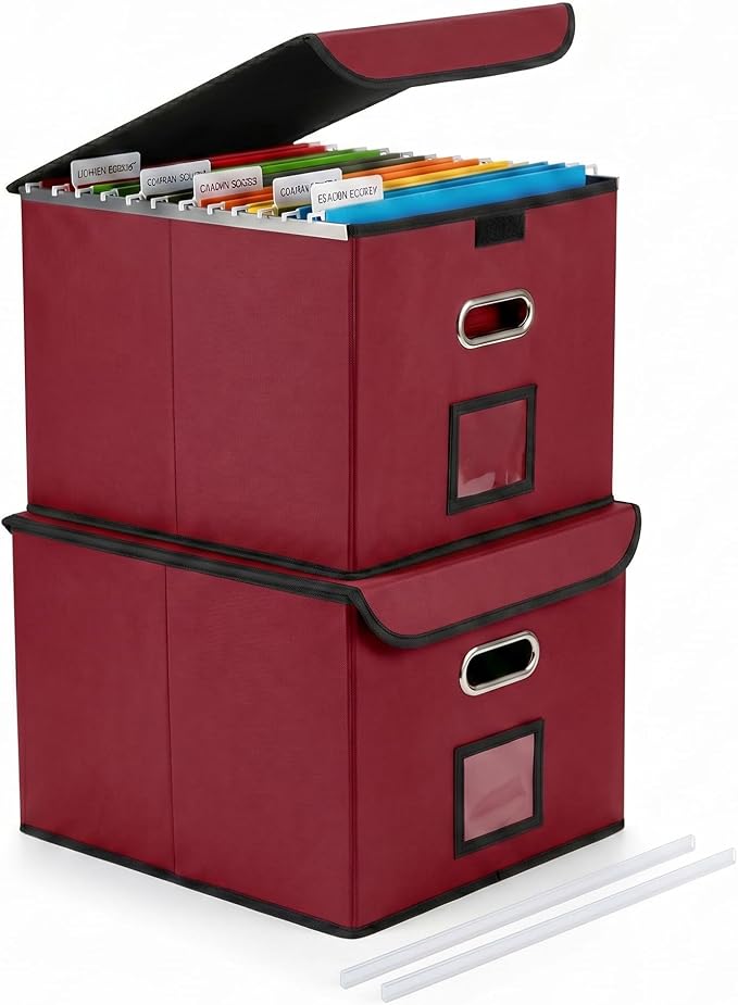 File Organizer Box with Lid (Wine Red, 14.9 x 12.59 x 10.8 inch, 2-Pack) | Large Hanging File Folder Organizer with Plastic Slide, Collapsible Portable Filing Storage Boxes for Office/Decor/Home