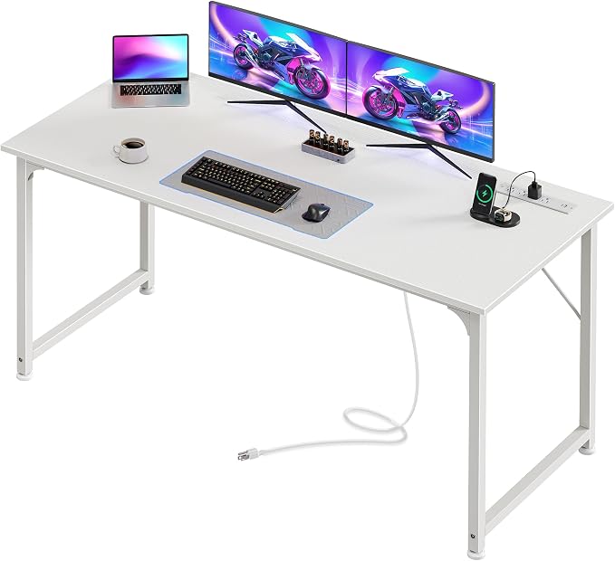 55 X 20 Inch Computer Desk, Power Outlets, USB-C, White | Office Desk with 4 AC Outlets, USB & USB-C, Sturdy Metal Frame, Spacious Desktop for Work, Writing, Study & Gaming