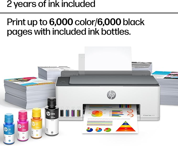 HP Smart Tank 5101 Wireless All-in-One Refillable Printer, Scanner, Copier with 2 years of Ink included, Wireless printer-for-home use an EcoTank Alternative (1F3Y0A)