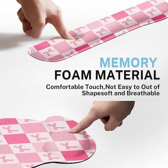 Arttown Keyboard Mouse Pad Set, 4 in 1 Desk Mat Set Kawaii Cute | Pink Checkered Bow Large Mousepad+Keyboard Wrist Rest+Mouse Wrist Rest+Coaster Ergonomic Design for Home Office Computer
