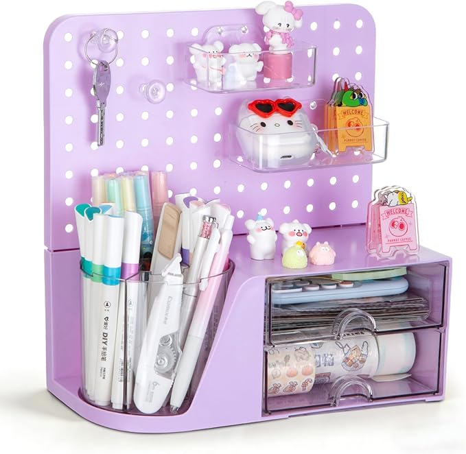 Comix Desk Organizer with 2 Drawer, Multifunctional Pen Holder for Desk, Desktop Organizer with Pegboard + Drawer + 5 Slots Pencil Holder for Office Home Art Supplies (Purple)