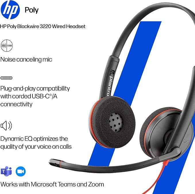 Poly Blackwire 3220 Wired Headset with Mic, Hi-Fi Stereo Sound, Noise-Canceling Mic, Stereo Design, Connect to PC via USB-C & USB-A Adapter, Over-Ear Design, Works with Virtual Meeting Platforms