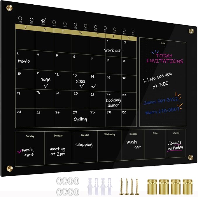 Black Glass 3-1 Monthly Dry Erase Calendar Whiteboard for Wall,20"x 30",Frameless Mounting,Office/School/Home, Frameless Large Planner White Board