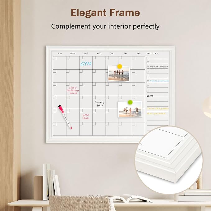 DOLLAR BOSS Magnetic WhiteBoard Calendar, 24x18 in, Monthly Dry Erase Board | Monthly Dry Erase Planner for Wall with White Wood Style Frame for Office, School, Dorm, Home Decor