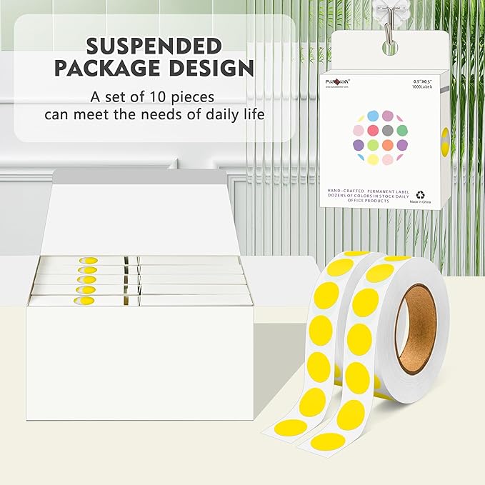 PARLAIM 10000pcs 1/2 Inch Diameter Round Color-Code Dot Stickers, 10 Rolls Adhesive Yellow Circle Labels for Office Classroom
