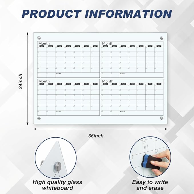Glass Whiteboard Calendar 36 x 24 4 Month Dry Erase Calendar White Board Planner Glass Large Wall Mounted with Marker Tray for Wall Home Office