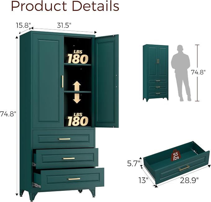 75" Tall Kitchen Pantry Cabinet, Storage Cabinet with 3 Drawers | Metal Kitchen Cabinet with Doors & 2 Adjustable Shelves, Tall Food Pantry, Cupboard for Kitchen, Dining Room, Garage, Office