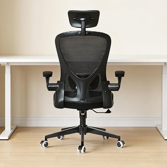 Monhey Ergonomic Chair, Adjustable Lumbar & Flip-up Arms, Black | Breathable Mesh,Height Adjustable, Rocking Swivel, High Back, Home Office Use