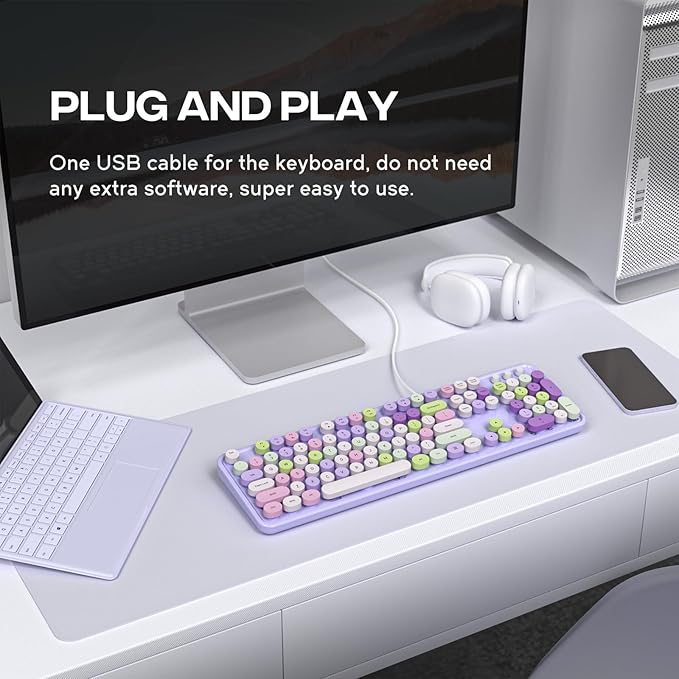 Computer Keyboard Wired, Plug and Play USB Retro Round Typewriter Keyboard, Full Size Wired Keyboard with Foldable Stands for Laptop and Office PC