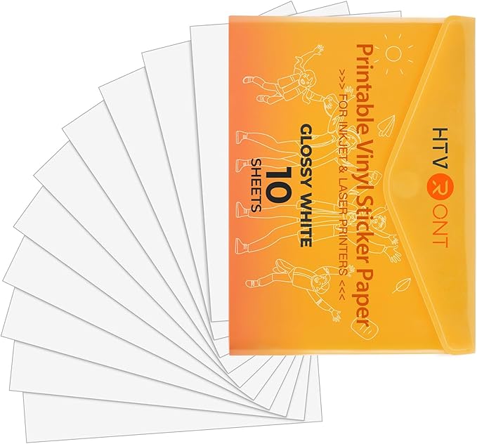 HTVRONT Printable Vinyl for Inkjet & Laser Printer - 10 Sheets Glossy White Printable Vinyl Sticker Paper Vivid Color Dries Quickly, 8.5"x11" Tear Resistant Printer Sticker Paper