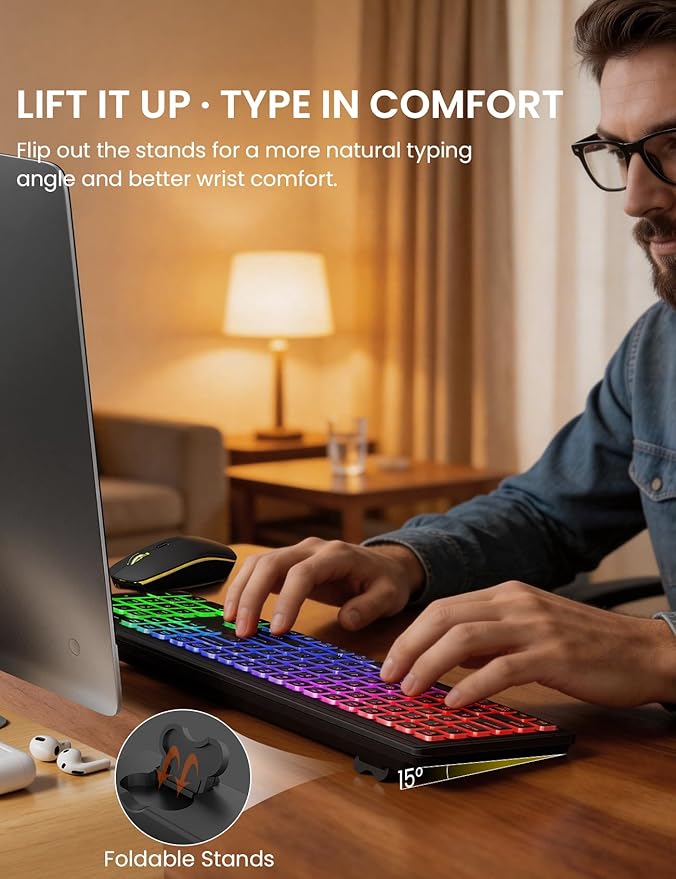 Wireless Keyboard and Mouse Combo with RGB Backlit, Rechargeable | Light Up Letters, Full-Size, Soft Typing, Sleep Mode, 2.4GHz Quiet Keyboard Set for Mac, Windows, Laptop, PC, Trueque KM42Pro