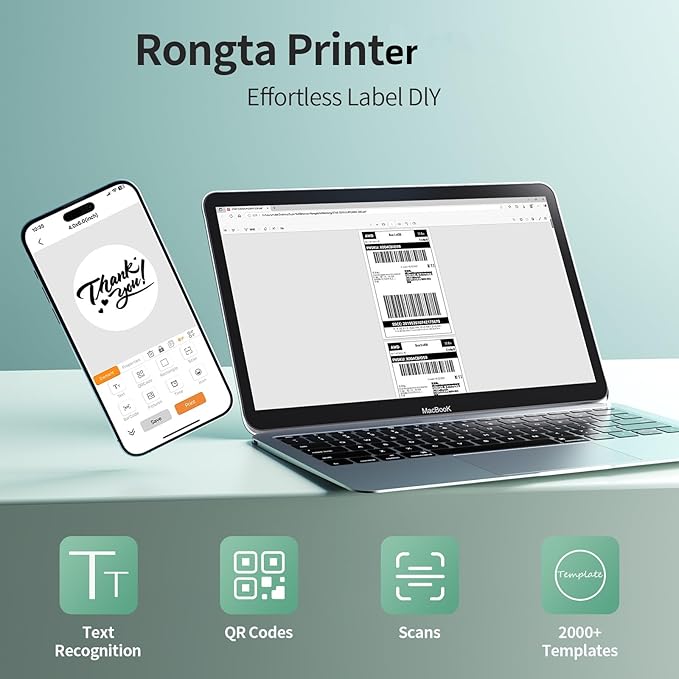Rongta Thermal Shipping Label Printer, Bluetooth Wireless 4x6 Sticker Label Maker for Package, Compatible with Windows, Mac, Android & iPhone, Used for Small Business
