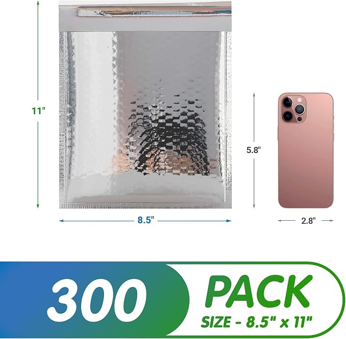 Glamour Metallic Bubble Mailers 8.5 x 11 Inches Silver, 300 Pack Padded Envelopes for Shipping, Mailing, Packaging Protection