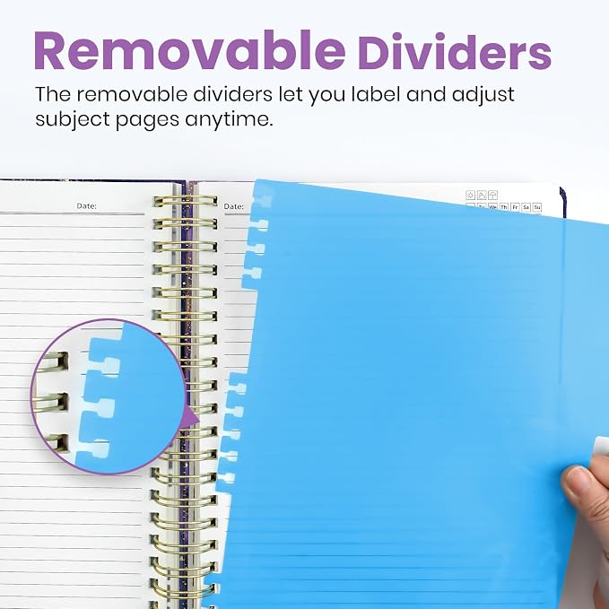 Large Spiral Notebooks for Work 5 Subject with Removable Dividers | 8.5" x 11" Pretty Hardcover Notebook Journal for Women, College Ruled, Perfect for Study & Office , 280 Pages, Amethyst