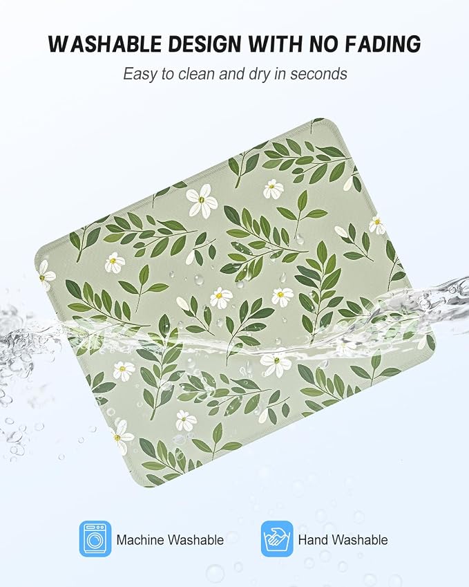 Mouse Pad, Cute Mouse Mat, 10" x 8", Green Flower | Square Waterproof Gaming Computer Mat, Textured Top, Stitched Edges, Non-Slip Rubber Base for Office Home Laptop Keyboard