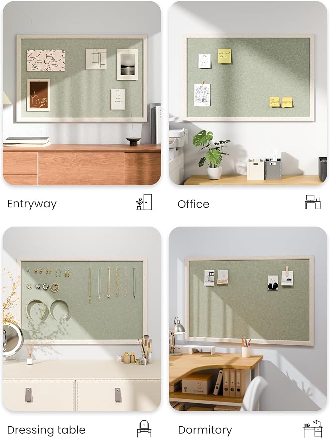 Fluxynara 35.4" x 23.6" Felt Frame Bulletin Board, Sage | Cork Board Alternative with 24 Removable Adhesive Tabs, Foldable Pin Board for Wall, Home, Office, Classroom & Dorm