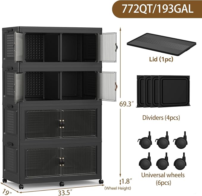 SAILUN 760Qt Stackable Storage Bins,Storage Cabinet with a Lid,4 Pack Black | Stackable Storage Drawers with Lids,33.5" W x 19" D x 69" H,Featuring open-front Access for Clothes and Closet Storage