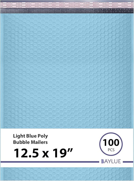 Light Blue 12.5x19.5 Inch Large Poly Bubble Mailers #6 | Padded Envelopes with Self Seal | Air Lined Cushioned Bubble Mailer | Usable Size 12.5x15 | 100 Pack Bulk | Lightweight shipping Bags