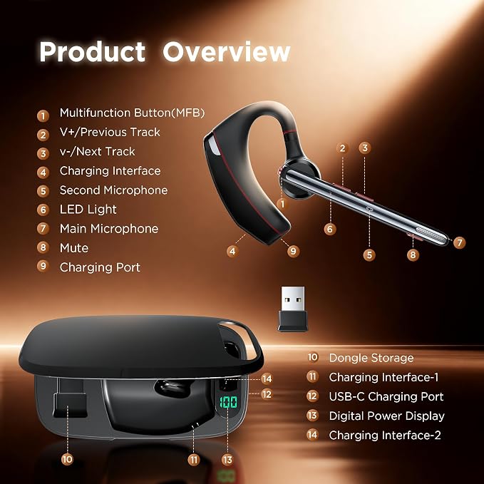 Bluetooth Headset V5.3, Wireless Headset with Dual Noise-Canceling Microphones, Portable Charging Case, 300H Standby Time, Hands Free Headphones for PC Cell Phones, Trucker Office Work (Red)