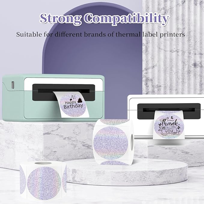 2 Inch Holographic Thermal Labels,Purple Round Thermal Printer Labels,Printable Round Thermal Printer Labels Self-Adhesive Direct Thermal Label(300 Labels/Roll Purple)