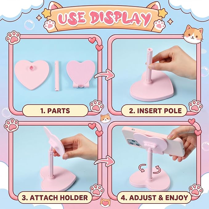 Kathfly 2 Pack Cute Phone Stand, Adjustable Heart Phone Stand for Desk, Kawaii Holder Desk Accessories Heart Gifts Favor for Girl Women